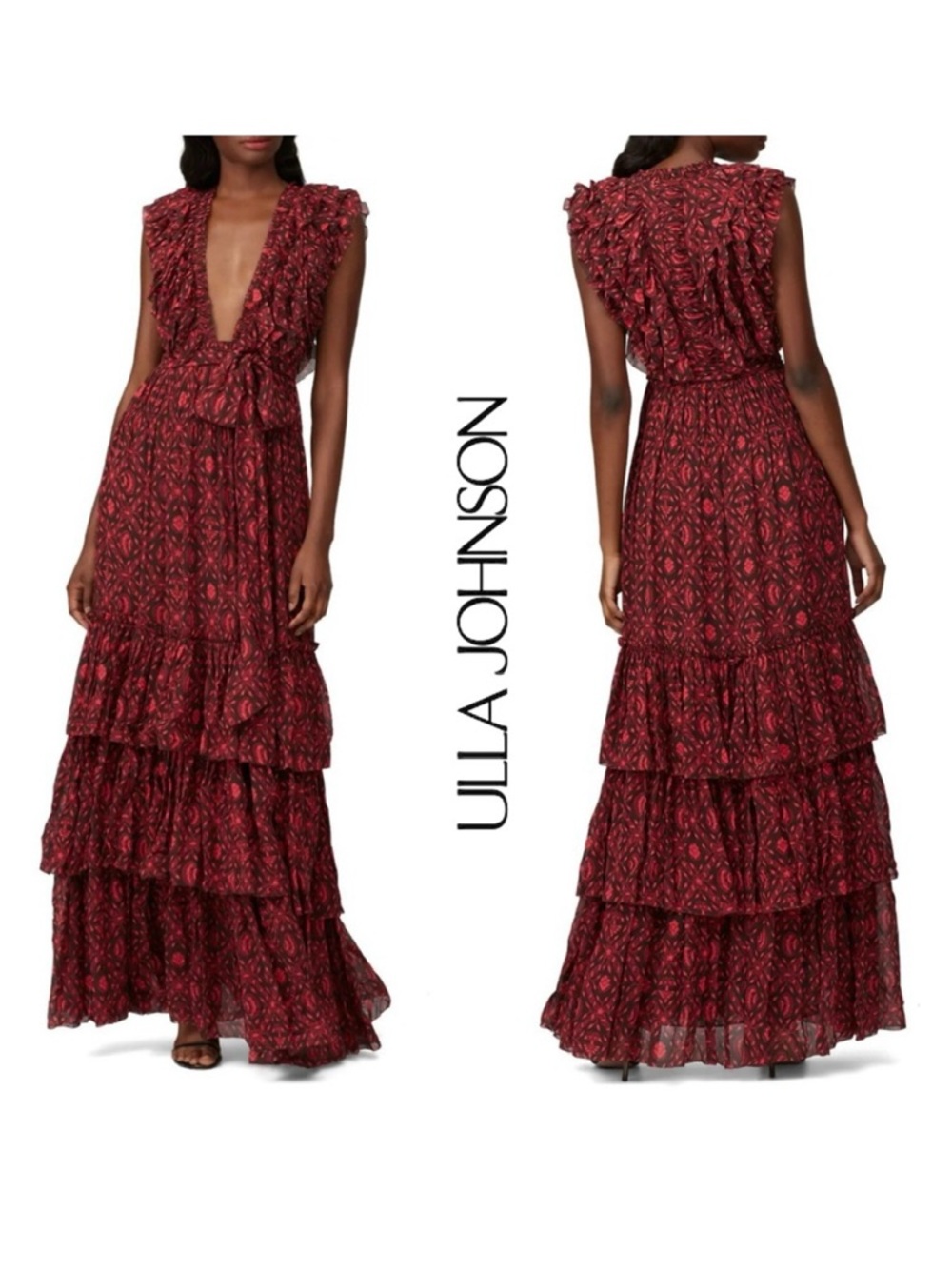 💃 Ulla Johnson Adelina Silk Gown Sz: 6 Maxi Dress in Red/Black 🥀